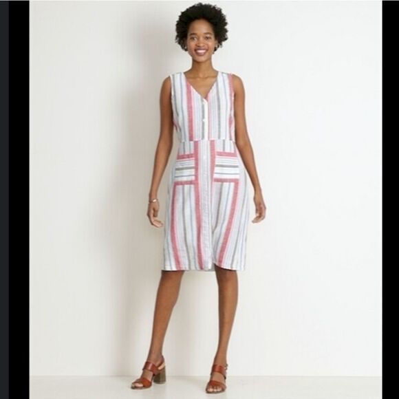 Linen Striped Sleeveless Button Down Sun Dress - Picture 1 of 10